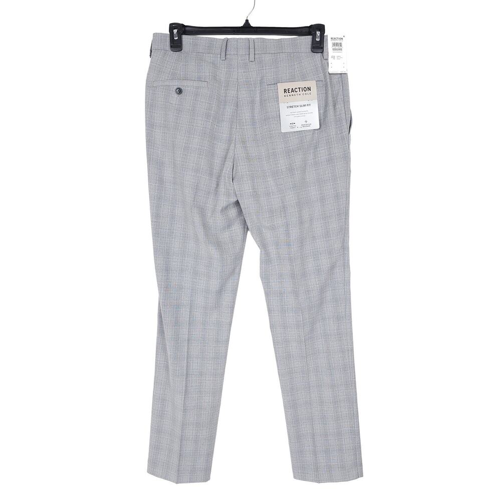 Kenneth Cole Reaction Mens Slim Fit Dress Pants 34x32 Light Grey Plaid Stretch - Picture 6 of 13